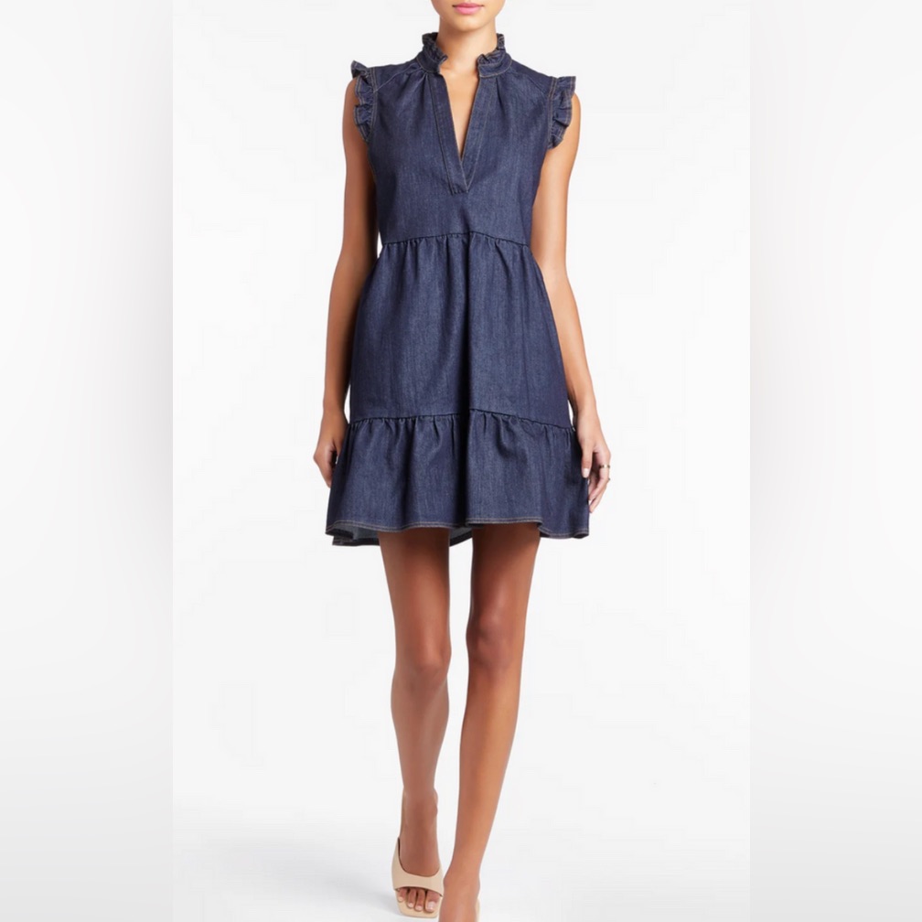 Amanda Uprichard Alcott Ruffle Tiered Jean Mini Dress In Indigo Denim Sz M